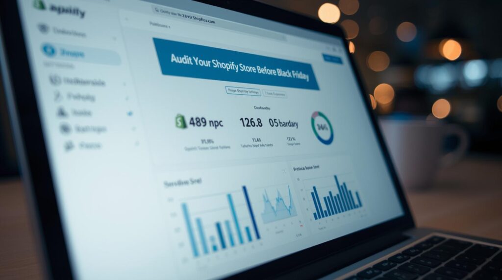 
A close-up, eye-level shot of a laptop screen displaying a dashboard for a Shopify store audit, with the title "Audit Your Shopify Store Before Black Friday" prominently visible. The screen shows various data visualizations, including graphs and charts, along with key performance indicators. The laptop is open on a table in a dimly lit room, with blurry lights from a city or office in the background.