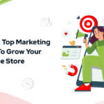 An illustration for 'BFCM 2025: Top Marketing Strategies to Grow Your E-commerce Store' featuring a woman sitting on a large smartphone, holding a megaphone and targeting icon. The background includes a 'Black Friday Cyber Monday Sale' banner, gift boxes, a magnet, bar charts, and social media icons on a light pink gradient.