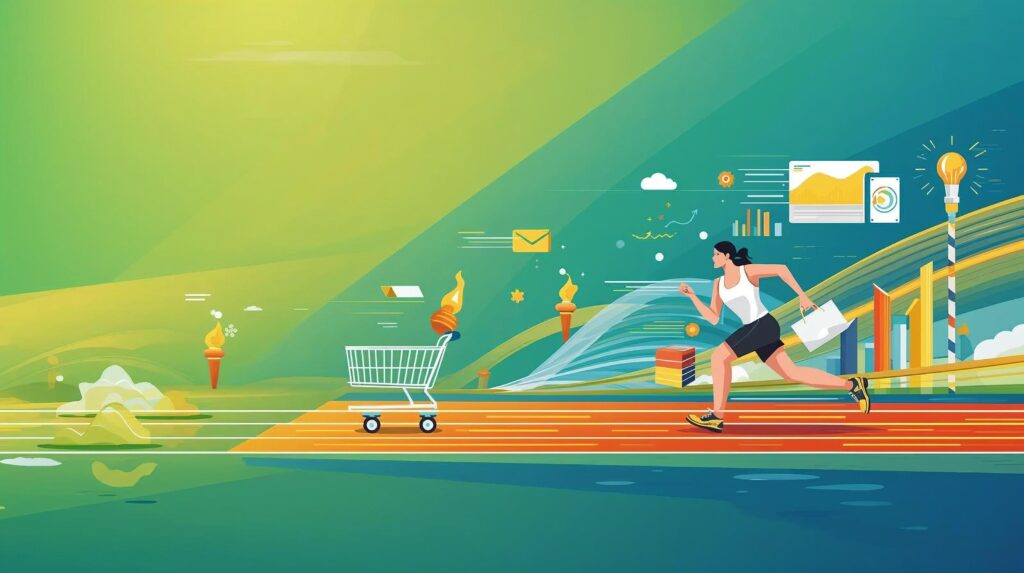
A stylized, colorful illustration depicting a woman in athletic wear running on a track, holding shopping bags. She is racing alongside a shopping cart that has a flaming torch in it, with other olympic torches in the background. Digital icons representing e-commerce, data analytics, and marketing are floating around her, symbolizing the speed and competition of online retail. The scene combines the imagery of the Olympics with the theme of e-commerce.
