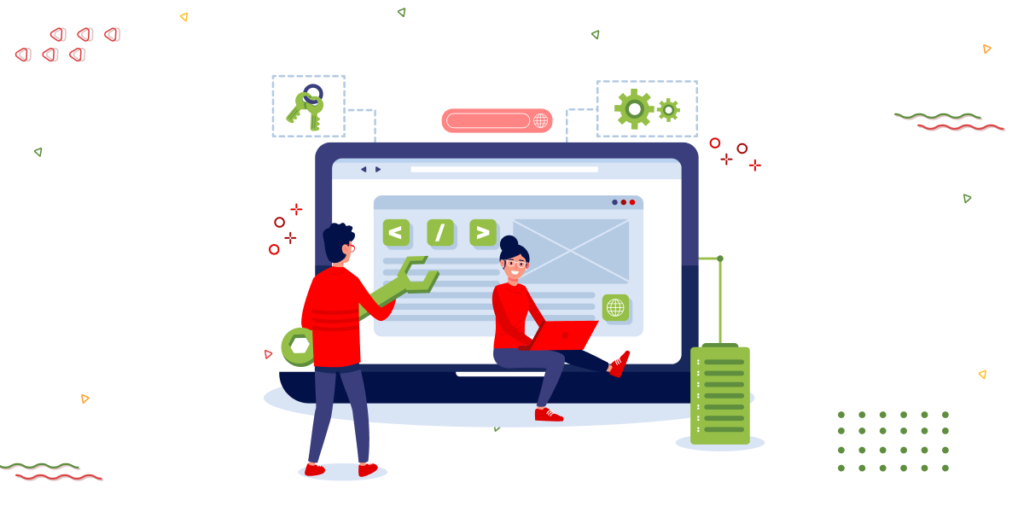 An illustration for 'Get Your Website Ready for the Big Rush' showing two people working on a large website interface. One uses a wrench to adjust it, while the other sits with a laptop. Icons of a key, gears, and a server are included, with abstract shapes and dots in the background.