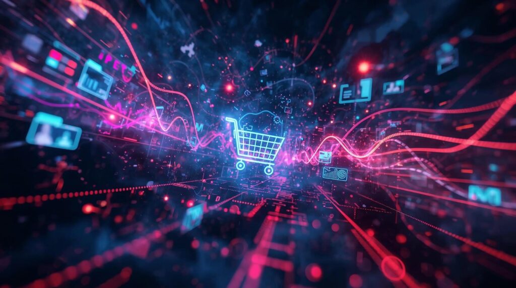 
A futuristic and abstract digital illustration showing a glowing shopping cart icon in the center, surrounded by a complex network of lines, data waves, and other e-commerce and technology icons. The color palette is primarily deep blue and vibrant neon pink/red. The image suggests a fast-paced, high-tech environment related to optimizing a Shopify store's technological infrastructure.