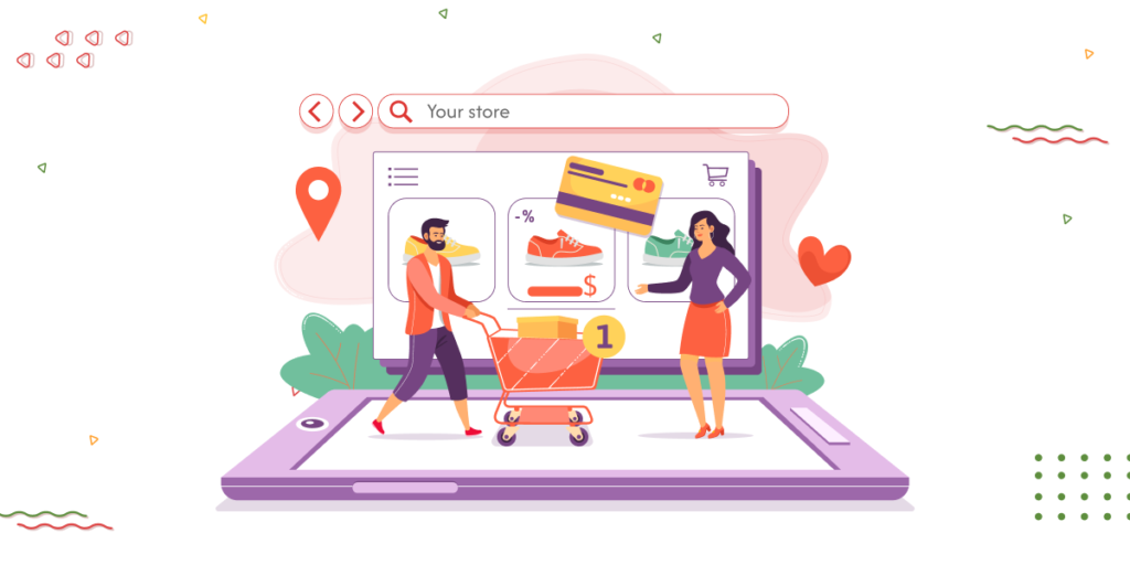 An illustration for 'Let’s Make BFCM 2025 Your Best Yet' showing a man with a shopping cart and a woman browsing a large mobile screen displaying an online store. The screen features products, a credit card, and a search bar, with a location pin, heart, and abstract shapes in the background.