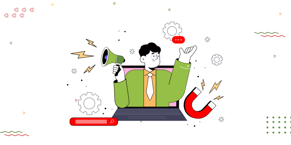 An illustration for 'Spend Smart on Ads' featuring a person emerging from a laptop, holding a megaphone and gesturing confidently. Surrounded by gears, a magnet, and lightning bolts, with a search bar and abstract shapes like dots and waves in the background.