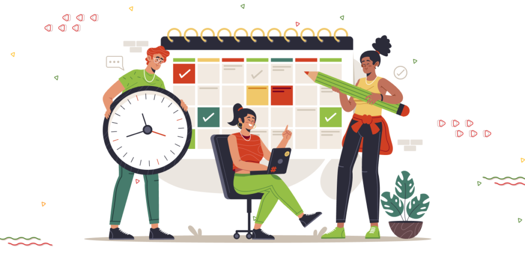 An illustration for 'Start Planning Now to Avoid the Last-Minute Scramble' featuring a person using a laptop with a large calendar, another holding a giant pencil to mark it, and a third with a clock. A plant and checkmarks add detail, with festive dots and waves in the background.