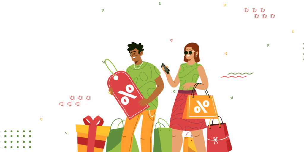 An illustration for 'Why BFCM 2025 Is Your Store’s Big Moment' featuring two people holding large discount tags and shopping bags. One checks a phone, while the other carries a wrapped gift. The background includes festive dots, hearts, and abstract shapes on a white backdrop.