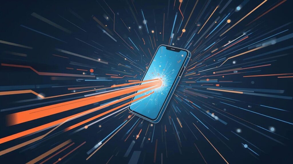 
Abstract illustration of a smartphone in the center, with fast-moving orange and blue light beams radiating outwards, symbolizing rapid data transfer and mobile e-commerce speed optimization.