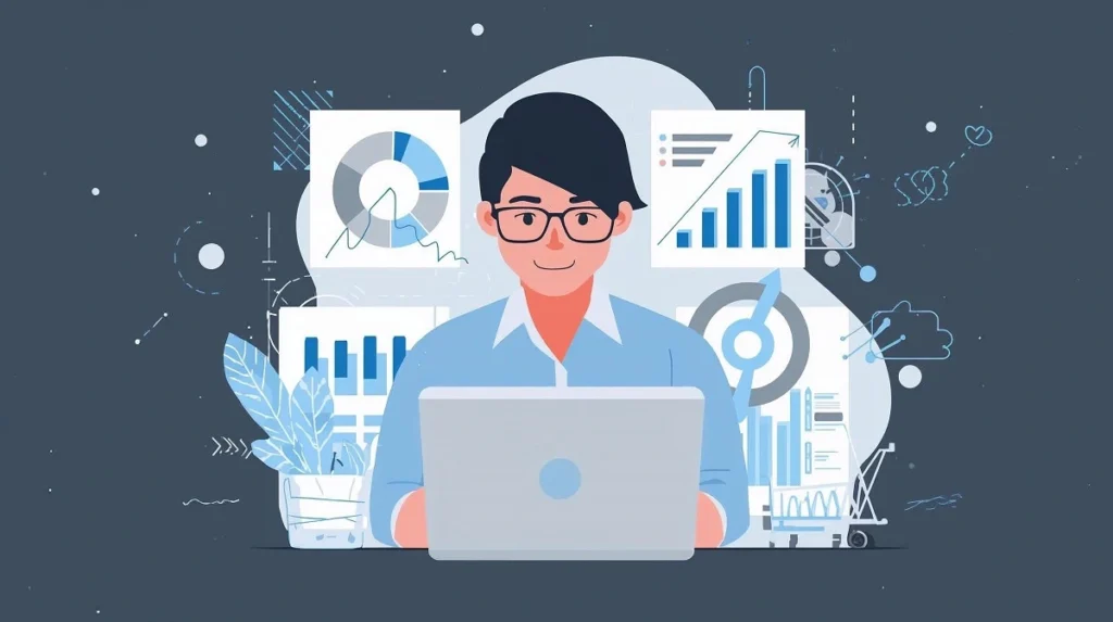 
Illustrated male e-commerce expert wearing glasses and a blue shirt, working on a laptop surrounded by charts, graphs, and data visualizations, symbolizing data analysis and business growth.