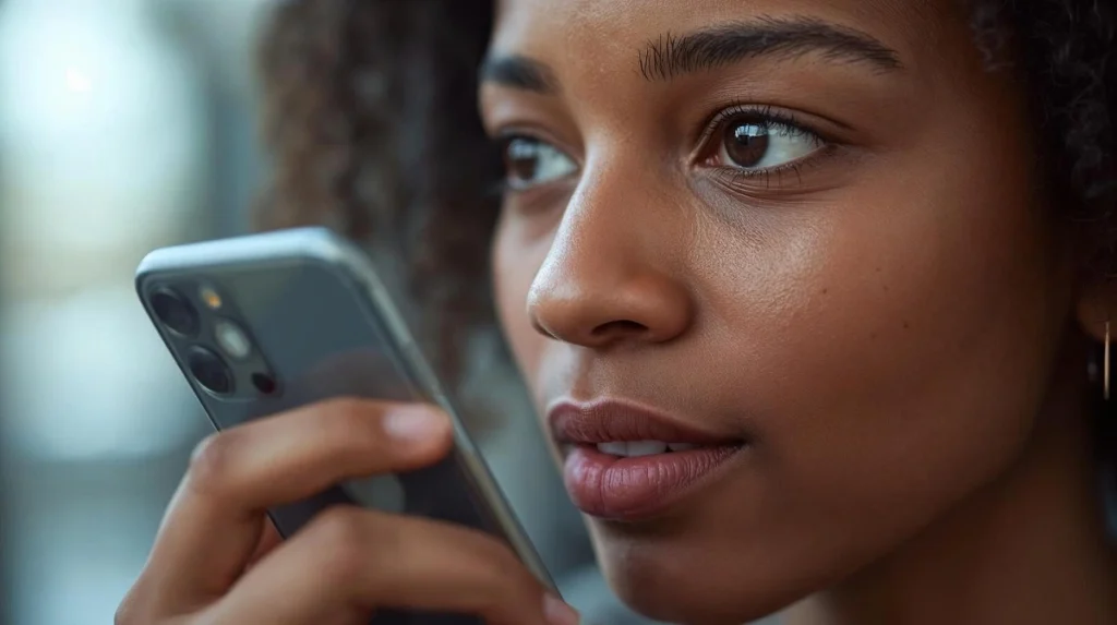 Young Black woman using voice search on her smartphone for online shopping.