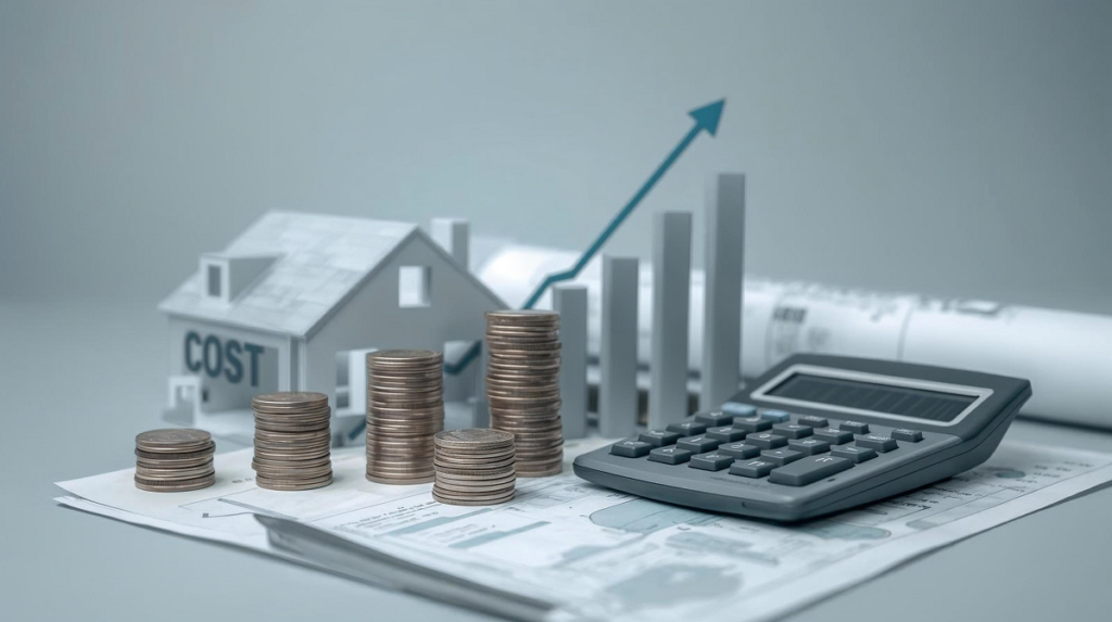 Model house, rising coin stacks, calculator, and upward graph representing increasing costs.