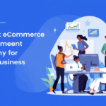 An illustration featuring a team of diverse professionals collaborating around a desk with a computer monitor, charts, and graphs floating around them, all set against a blue background. The text on the image reads: "The Best eCommerce Development Company for Small Business"