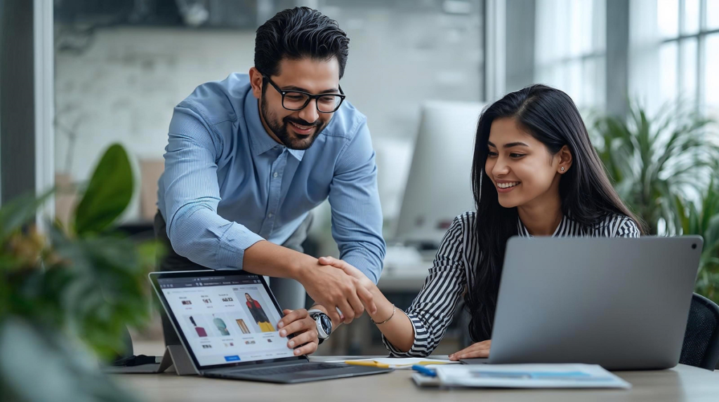 A smiling man wearing a blue shirt and glasses, standing over a woman who is seated at a desk, shakes her hand in a handshake gesture. A laptop displaying an e-commerce website with clothing is open on the desk in front of them. The image suggests a business training or hand-over session, possibly between an e-commerce expert and a store owner, in a bright, modern office setting with plants.