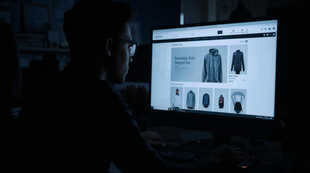 A young person wearing glasses is sitting in a dark room, working intensely on a desktop computer. The light from the monitor illuminates their face. The screen displays the user experience (UX) and design of a modern e-commerce website, featuring clothing items like a gray hoodie and a black jacket. The image suggests a web developer or designer working late on a project.