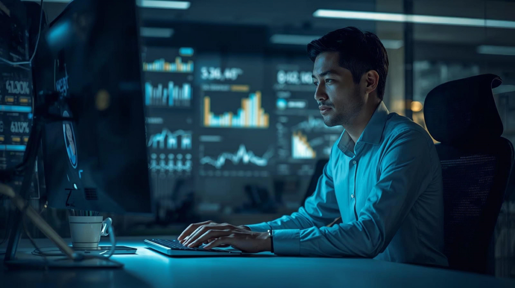 A serious, focused man with dark hair, wearing a light blue button-down shirt, is intensely working on a computer in a dark office setting. His face is illuminated by the screen. In the background, multiple large screens display various data, charts, and graphs related to analytics or finance. The man is sitting at a desk with a coffee mug visible.
