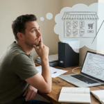 an image in which a person is thinking of devloping an ecommerce store and also thinking about how much it may cost