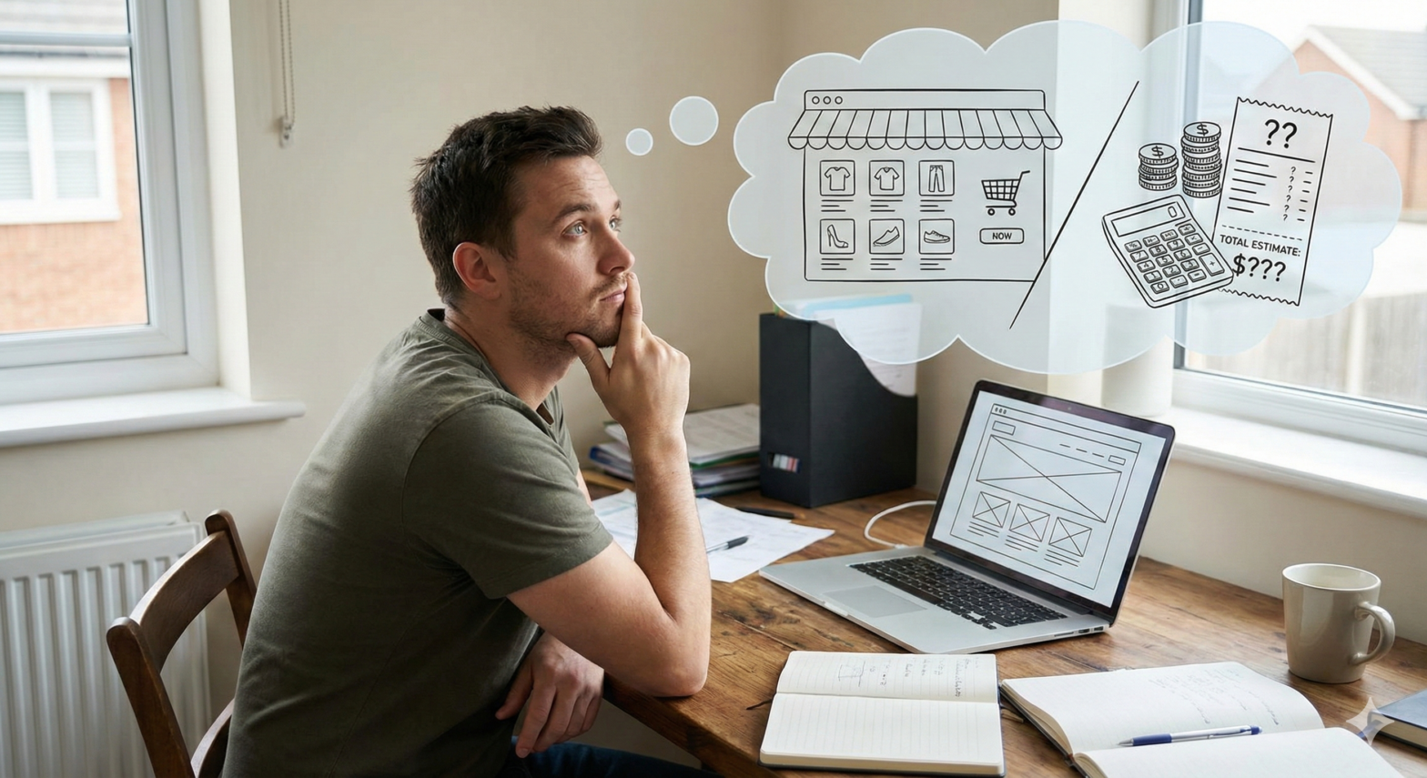 an image in which a person is thinking of devloping an ecommerce store and also thinking about how much it may cost