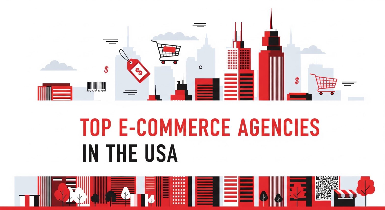 A blog banner image with tile written Top 10 Ecommerce Agencies in the USA and buildings